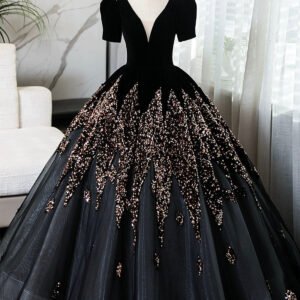 Elegant V-Neck Velvet and Sequins Floor Length Prom Dress, Black Short Sleeve Formal Dress