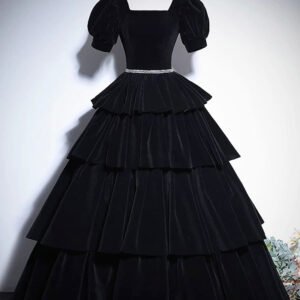 Black Velvet Floor Length Prom Dress, Elegant Short Sleeve Evening Party Dress