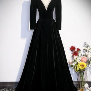 Black Velvet Long Sleeve Evening Dress, A-Line Floor Length Prom Party Dress